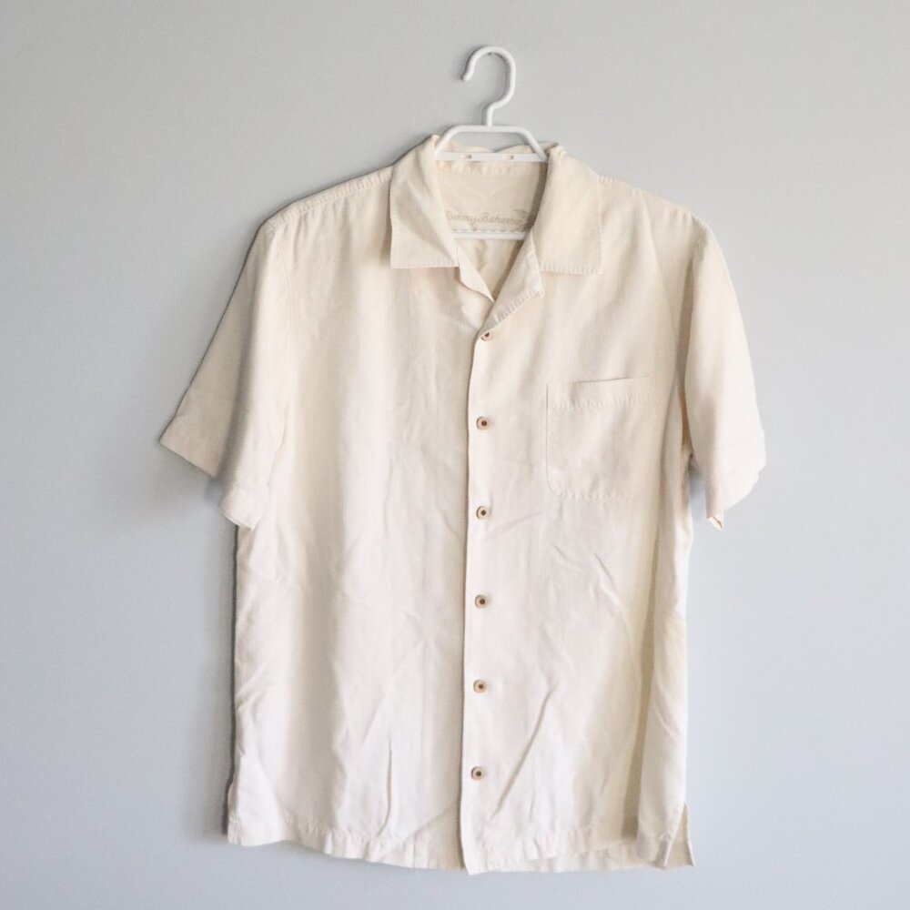 Tommy Bahama Mens Cream Sz S 100% Silk Buttoned Camp Collared‎ Vacation Top